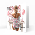 Personalised 21st Birthday Card - Girl at a Dressing Table with Birthday Numbers