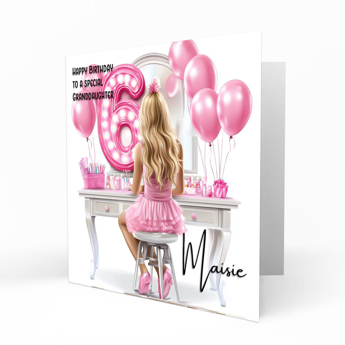 Personalised 6th Birthday Card - Girl at a Dressing Table with Birthday Numbers