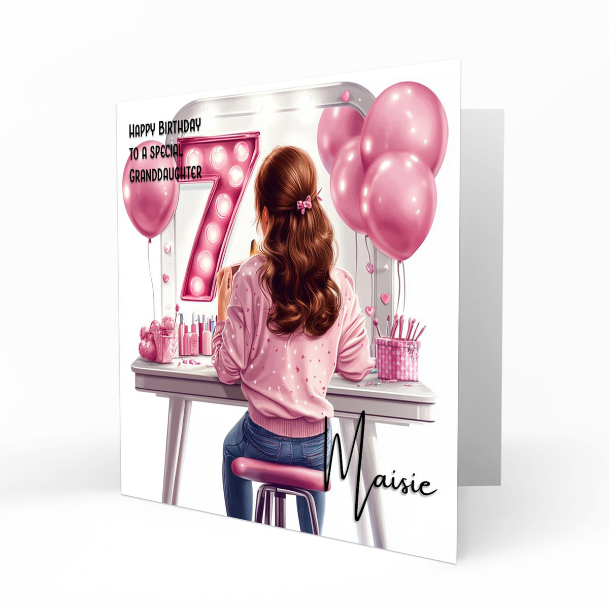 Personalised 7th Birthday Card Girls Granddaughter Niece Daughter Sister Friend Teenager, Dressing Table, Marquee Lights Pink