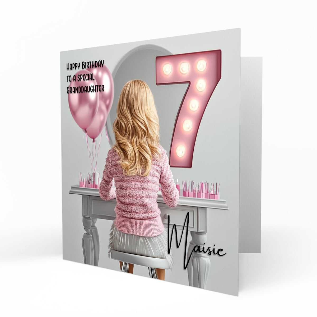 Personalised 7th Birthday Card - Girl at a Dressing Table