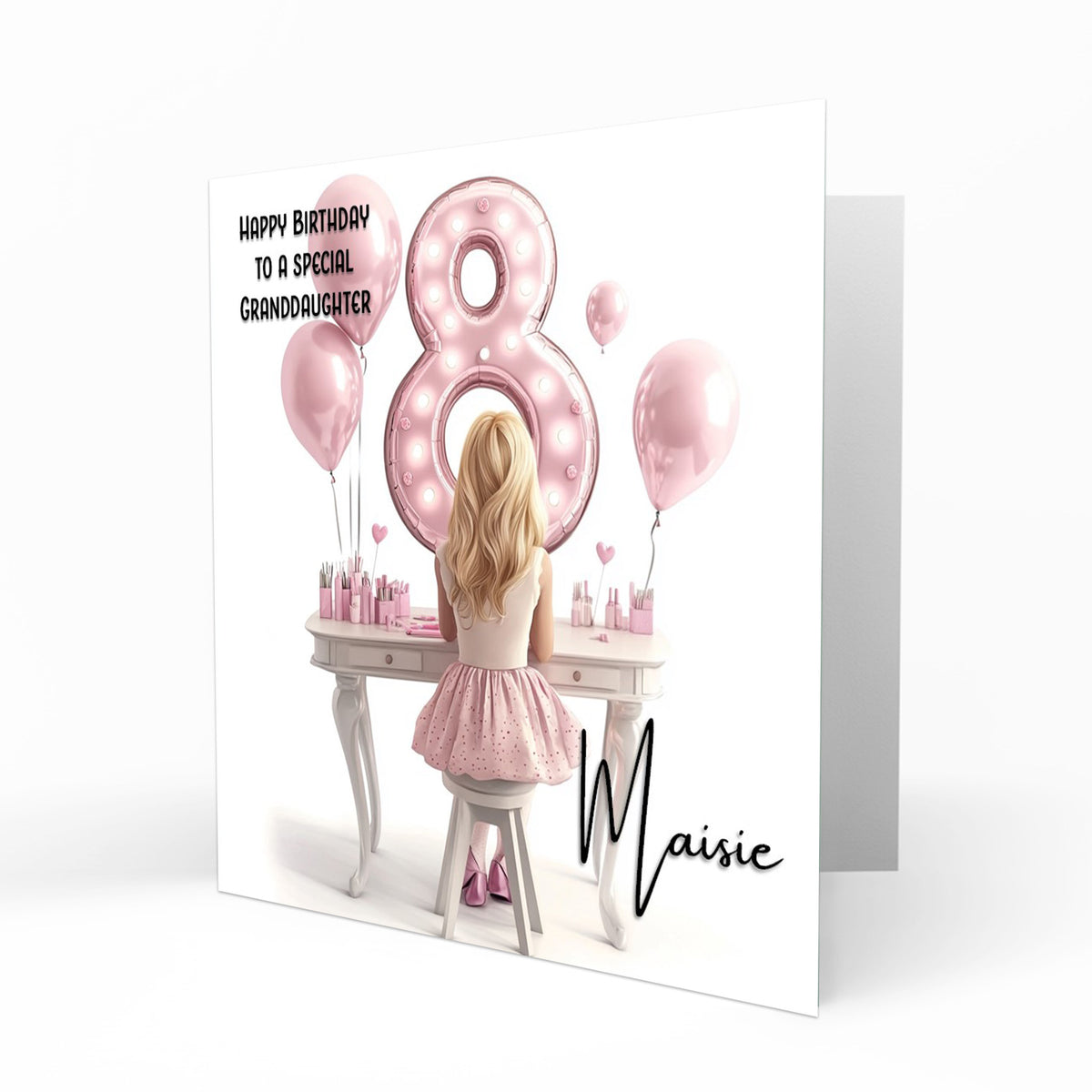 Personalised 8th Birthday Card Girls Granddaughter Niece Daughter Sister Friend Teenager, Dressing Table, Marquee Lights Pink