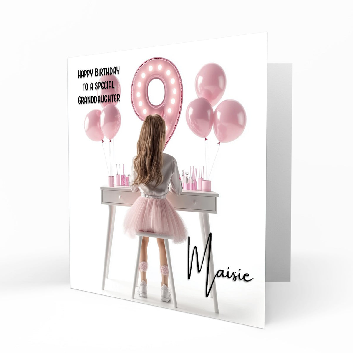 Personalised 9th Birthday Card Girls Granddaughter Niece Daughter Sister Friend Teenager, Dressing Table, Marquee Lights Pink
