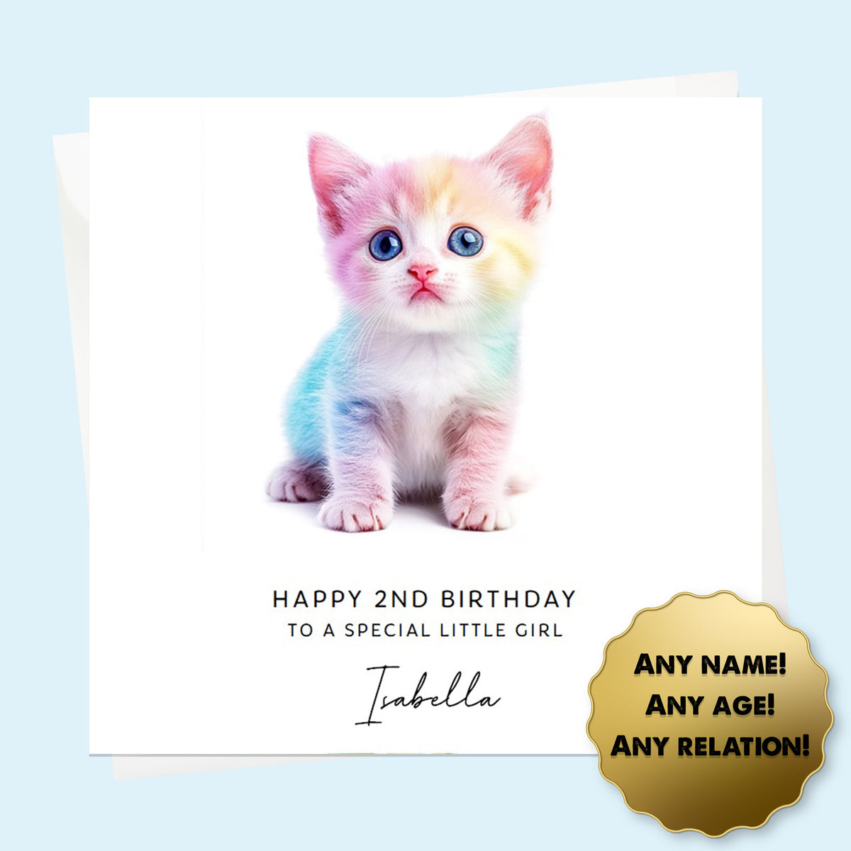 Personalised Birthday Card - Rainbow Kitten