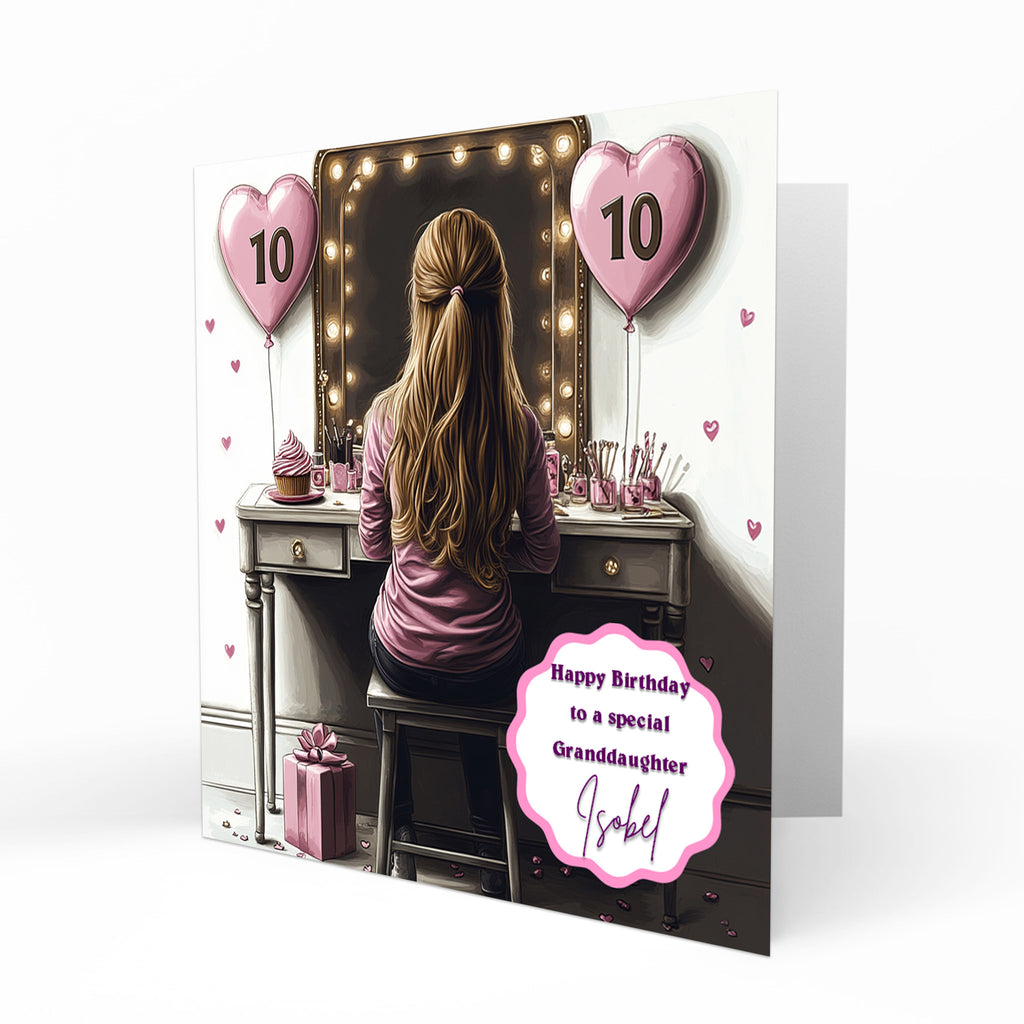 Personalised 10th Birthday Card - Girl at a Dressing Table with Birthday Numbers