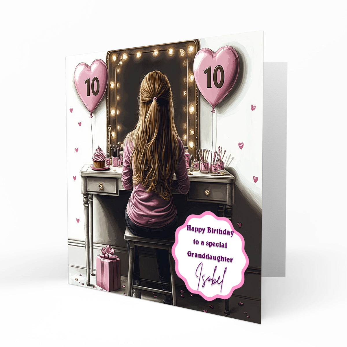 Personalised 10th Birthday Card - Girl at a Dressing Table with Birthday Numbers