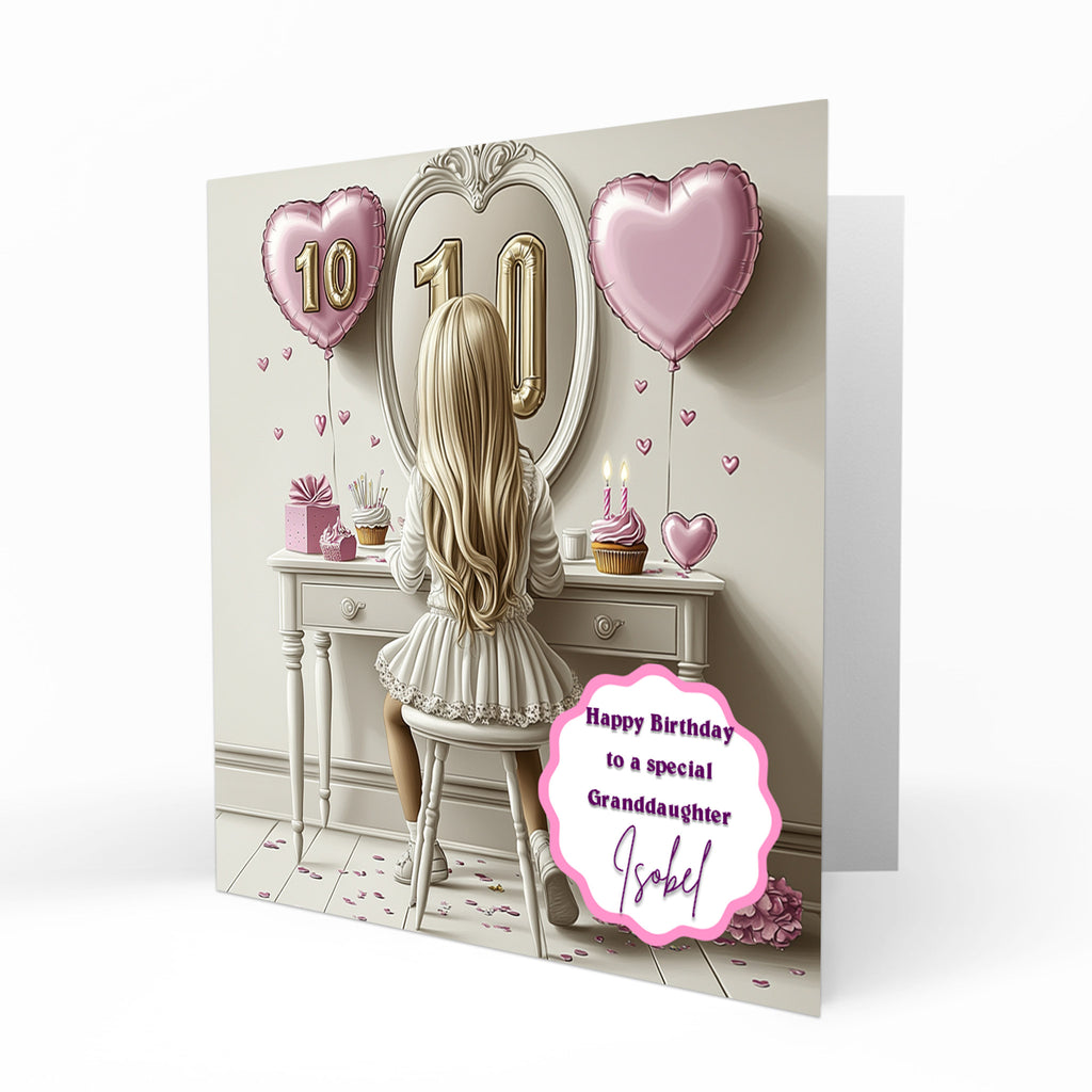 Personalised 10th Birthday Card - Girl at a Dressing Table with Birthday Numbers