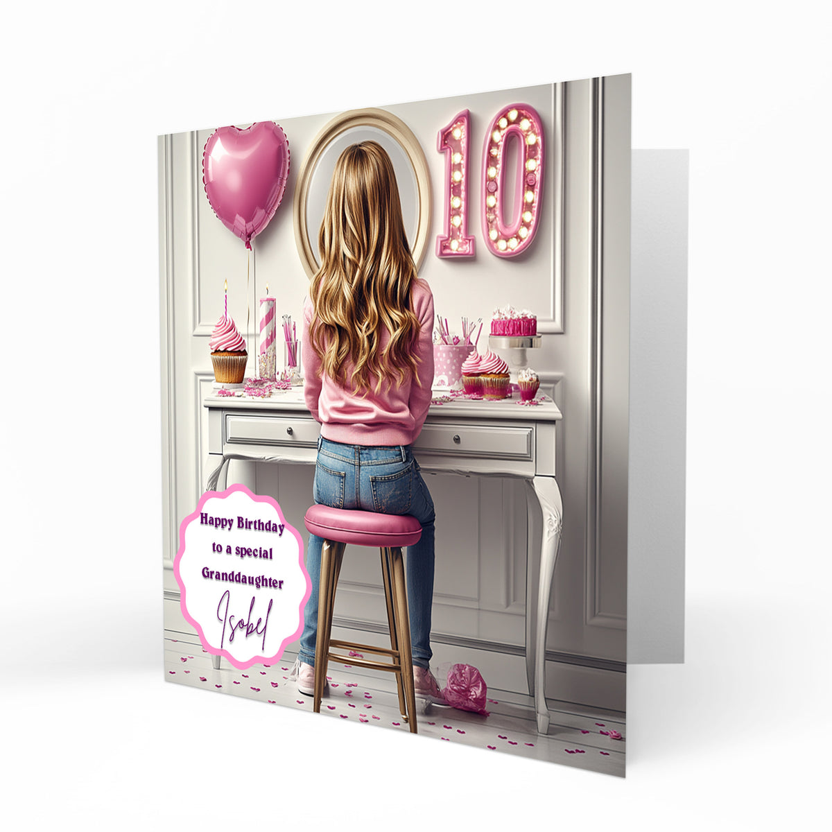 Personalised 10th Birthday Card - Girl at a Dressing Table with Birthday Numbers