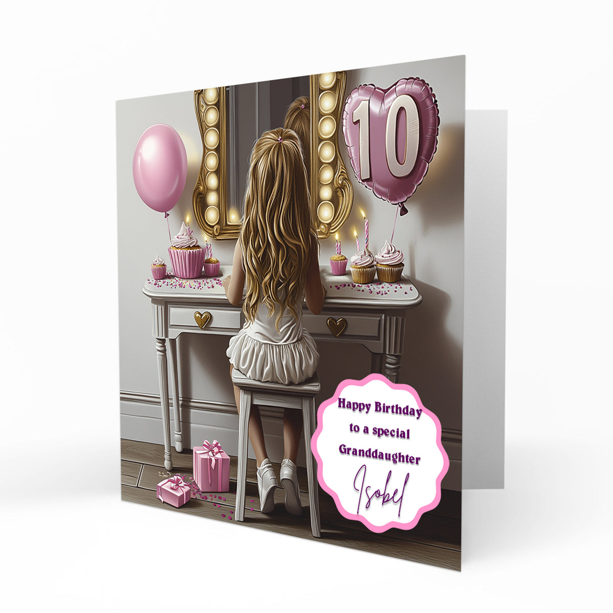 Personalised 10th Birthday Card - Girl at a Dressing Table with Birthday Numbers