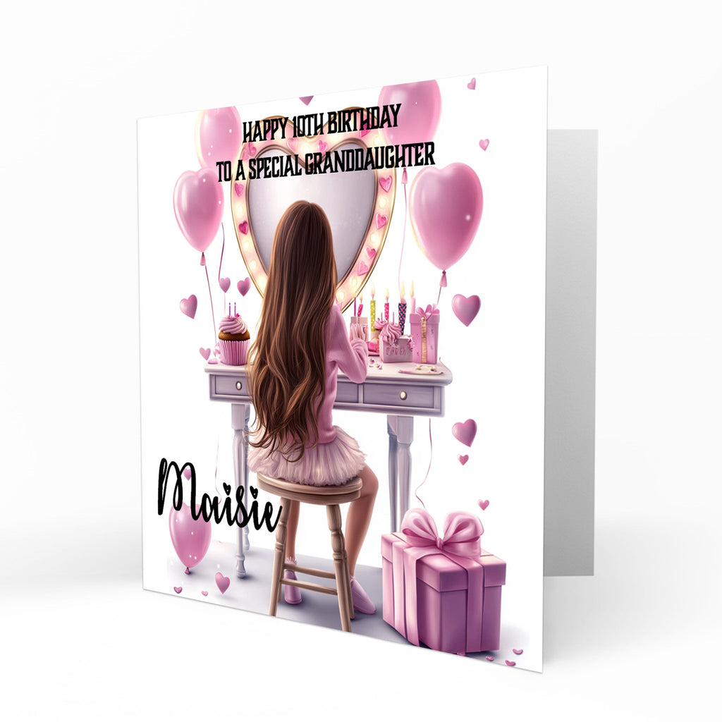 Personalised 9th 10th 11th Birthday Card Girls Brown Hair Granddaughter Niece Daughter Sister Friend, Dressing Table, Any Age