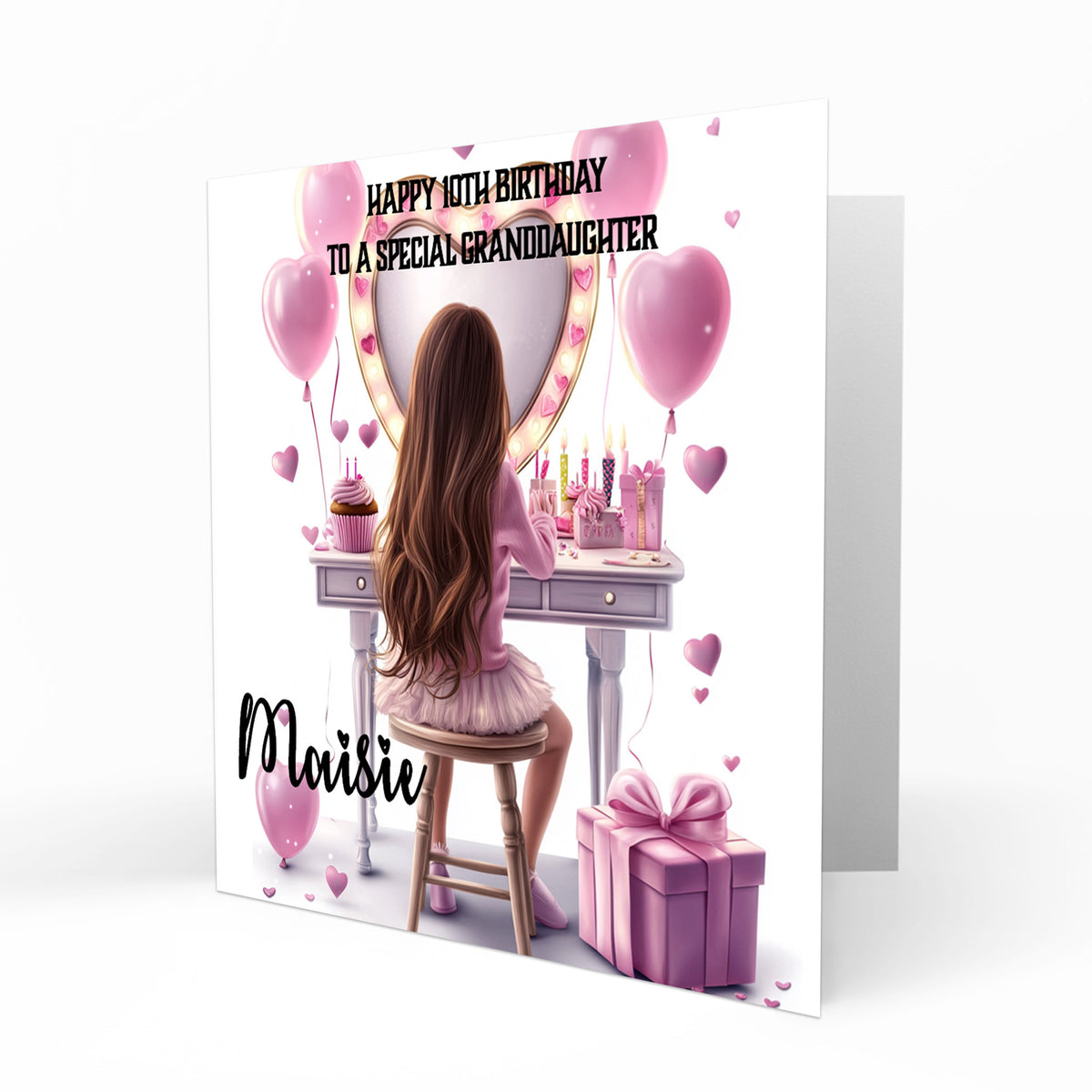 Personalised 9th 10th 11th Birthday Card Girls Brown Hair Granddaughter Niece Daughter Sister Friend, Dressing Table, Any Age