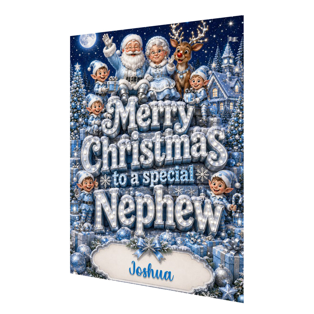 Personalised Christmas Card - Santa, Mrs Claus and Elves in Blue
