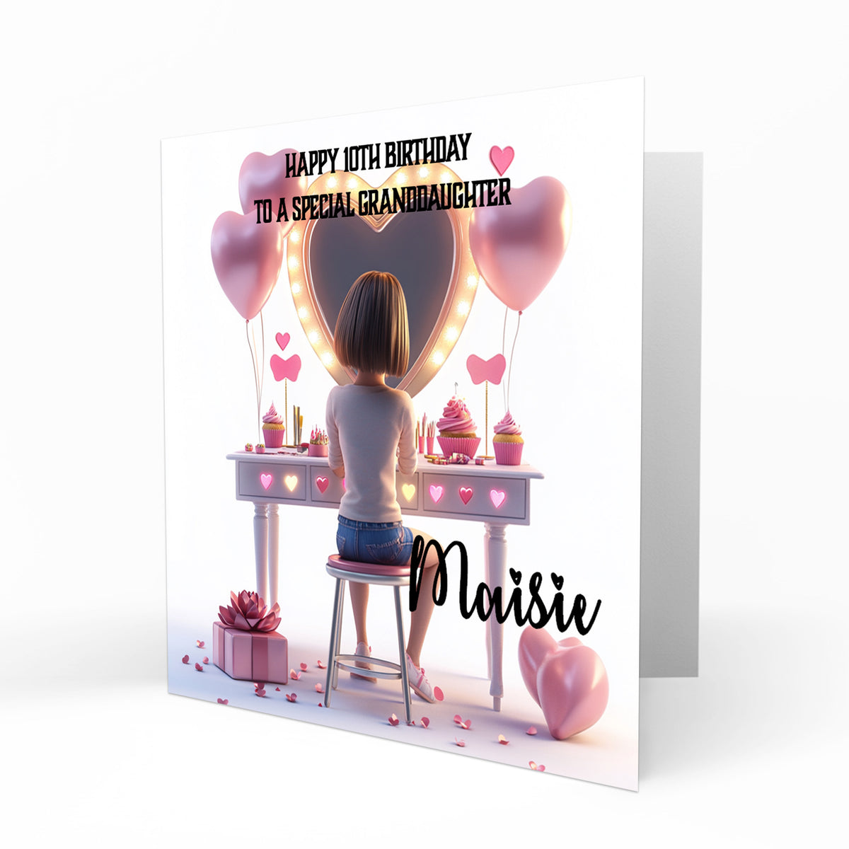 Personalised 9th 10th 11th Birthday Card Girls Brown Hair Granddaughter Niece Daughter Sister Friend, Dressing Table, Any Age