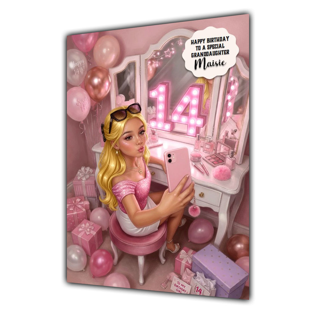 14th Birthday Card Pouting Girl Granddaughter Daughter Niece Large A5 Size