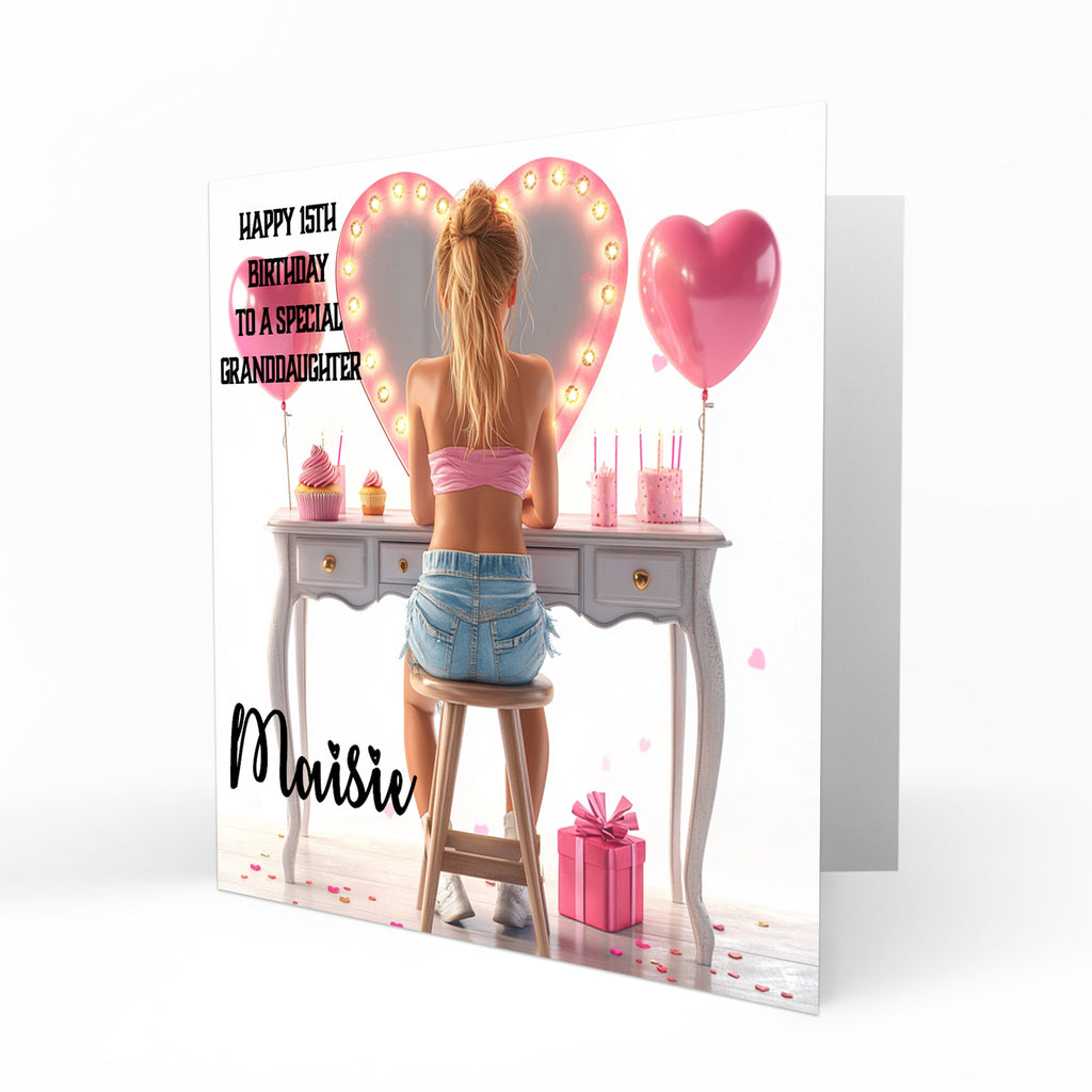 Personalised 13th 14th 15th 16th Birthday Card Girls With Blond Hair, Granddaughter Niece Daughter Sister Friend Dressing Table Lights