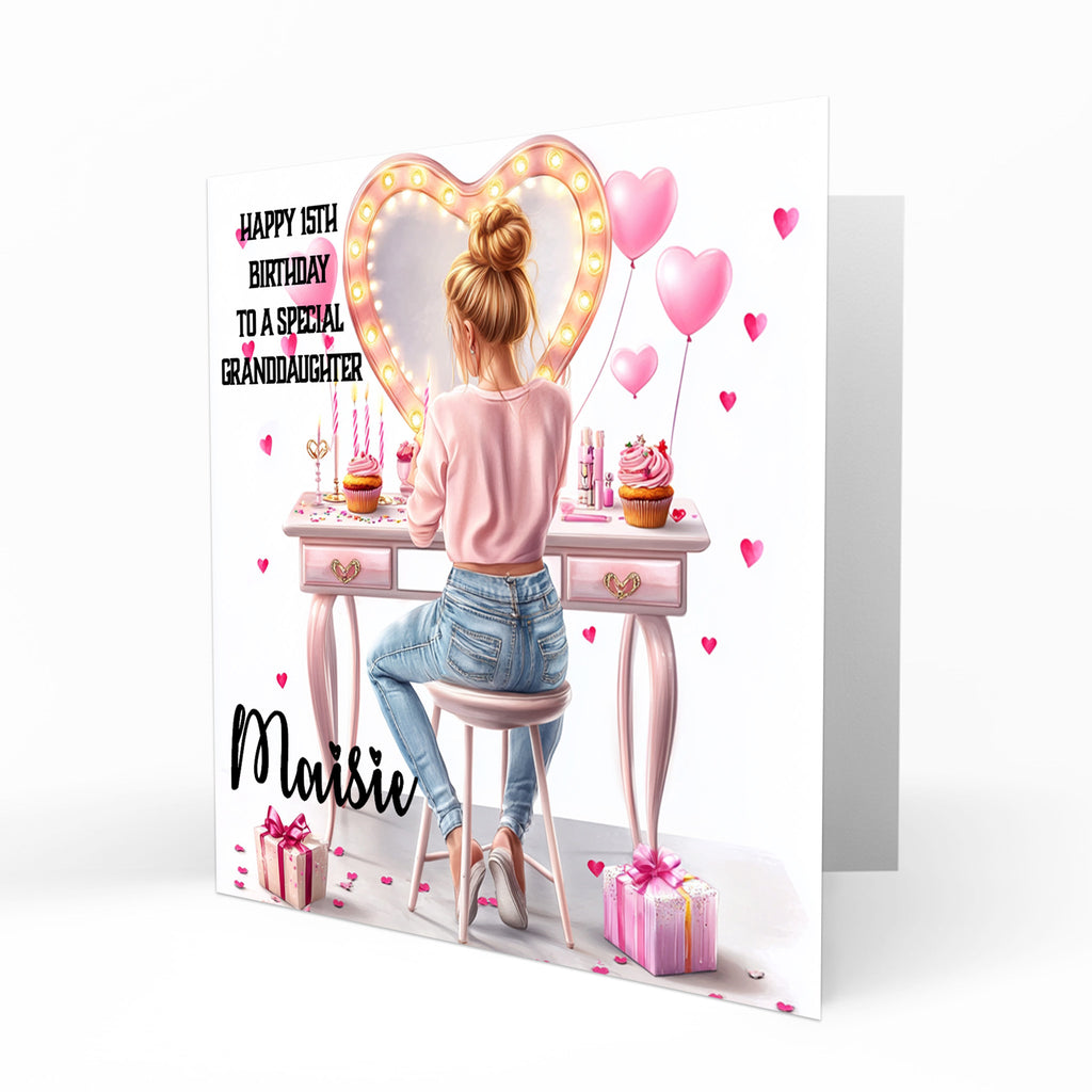 Personalised 13th 14th 15th 16th Birthday Card Girls With Blond Hair, Granddaughter Niece Daughter Sister Friend Dressing Table Lights
