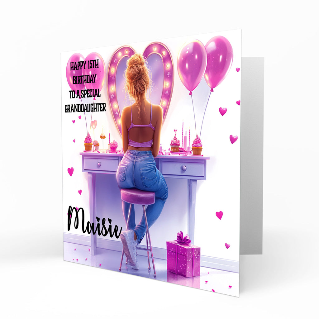 Personalised 13th 14th 15th 16th Birthday Card Girls With Blond Hair, Granddaughter Niece Daughter Sister Friend Dressing Table Lights