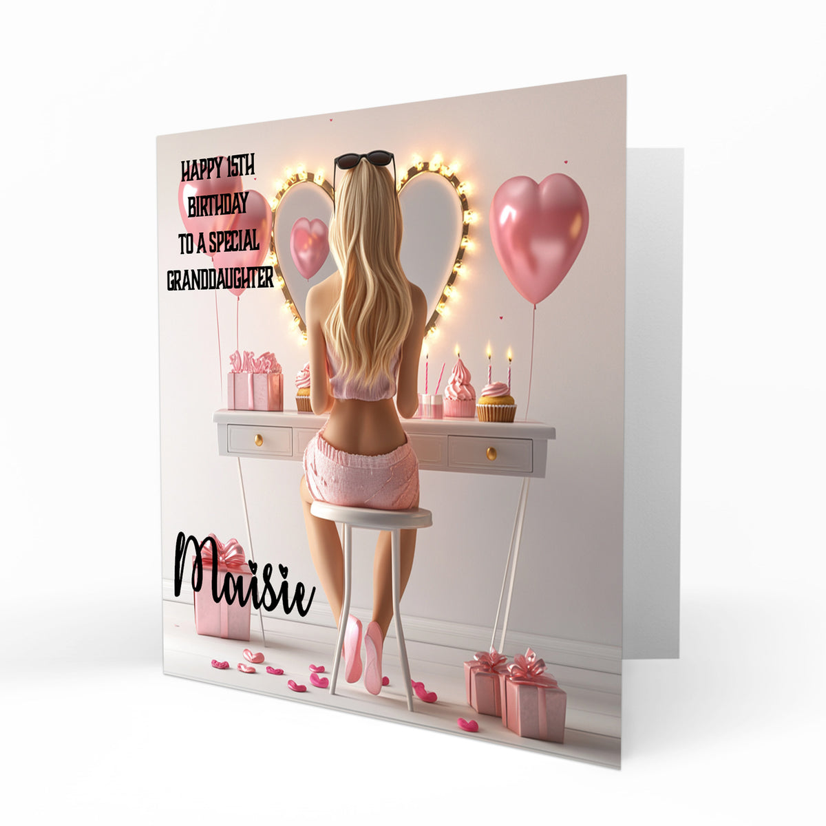 Personalised 13th 14th 15th 16th Birthday Card Girls With Blond Hair, Granddaughter Niece Daughter Sister Friend Dressing Table Lights