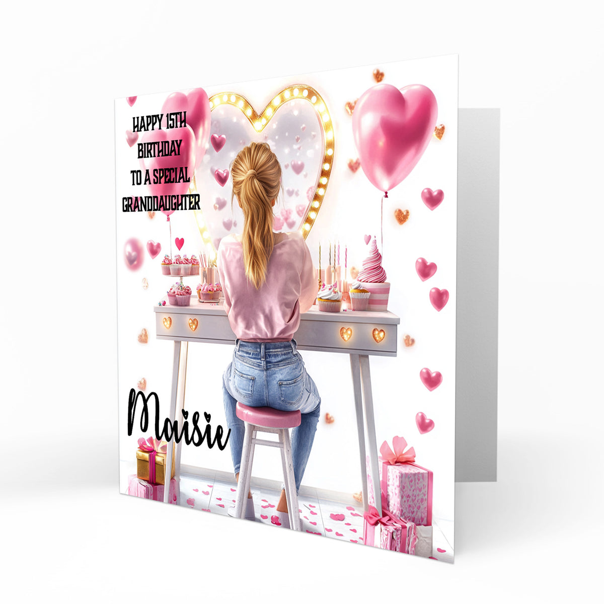 Personalised 13th 14th 15th 16th Birthday Card Girls With Blond Hair, Granddaughter Niece Daughter Sister Friend Dressing Table Lights