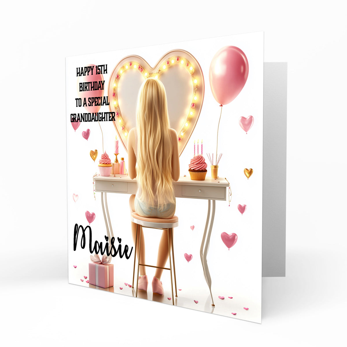 Personalised 13th 14th 15th 16th Birthday Card Girls With Blond Hair, Granddaughter Niece Daughter Sister Friend Dressing Table Lights