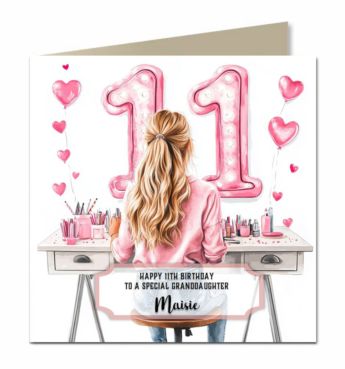 11th Birthday Card Girls, Granddaughter, Daughter, Blonde hair, Personalised