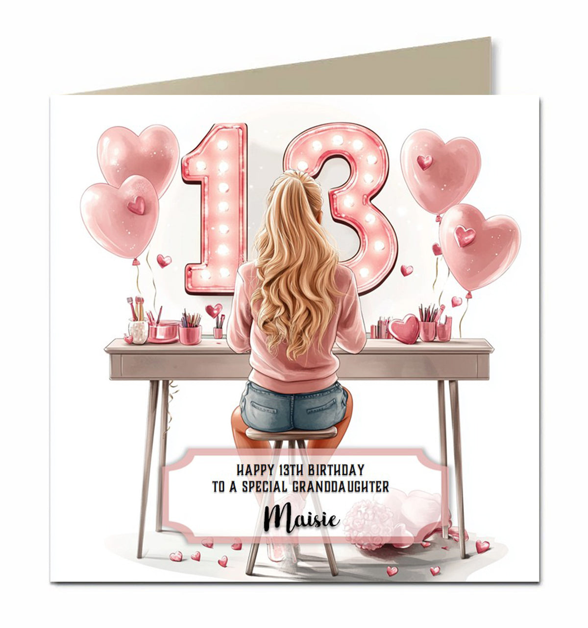 Personalised 13th Birthday Card Girls Granddaughter Niece Daughter Sister Friend Teenager, Dressing Table, Blonde Hair