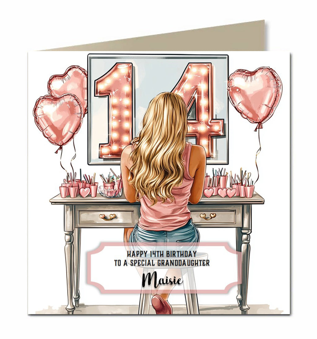 Personalised 14th Birthday Card Girls Granddaughter Niece Daughter Sister Friend Teenager, Dressing Table, Blonde Hair