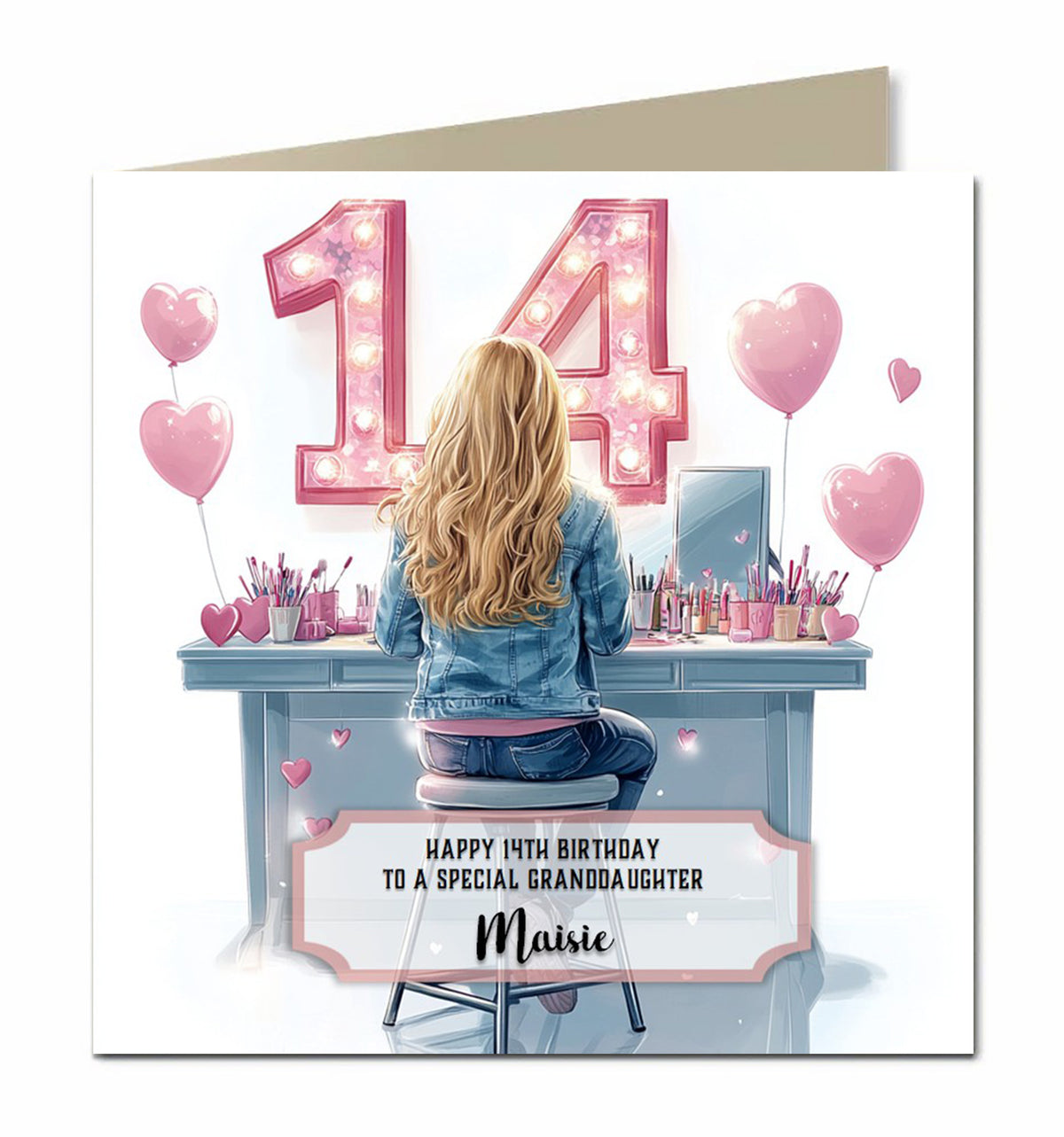 14th Birthday Card Girls, Granddaughter, Daughter, Blonde hair, Personalised