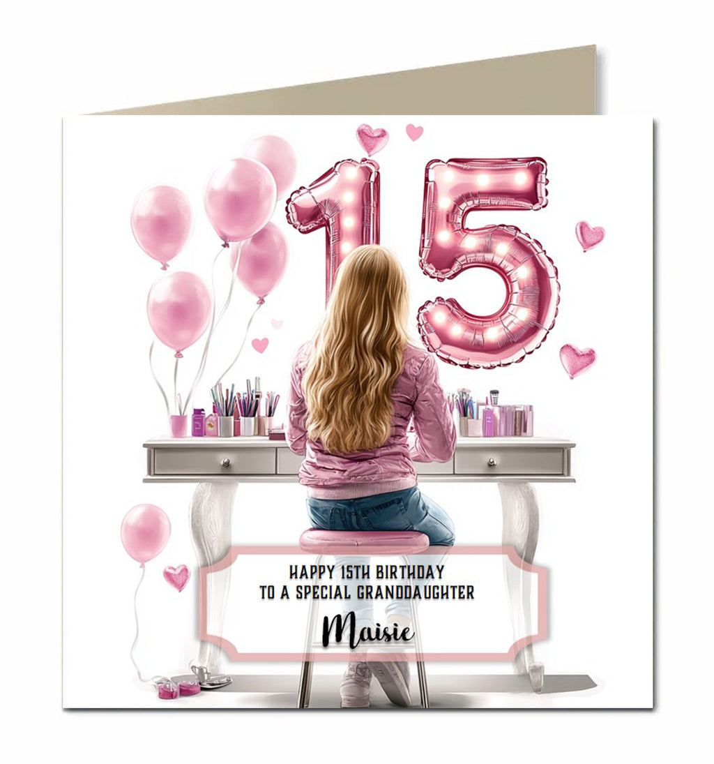 Personalised 15th Birthday Card Girls Granddaughter Niece Daughter Sister Friend Teenager, Dressing Table, Blonde Hair