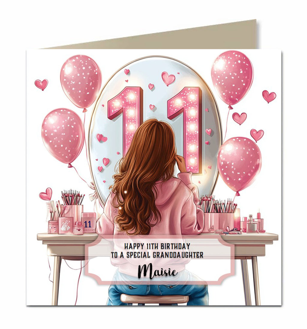 11th Birthday Card Girls, Granddaughter, Daughter, Brown hair, Personalised