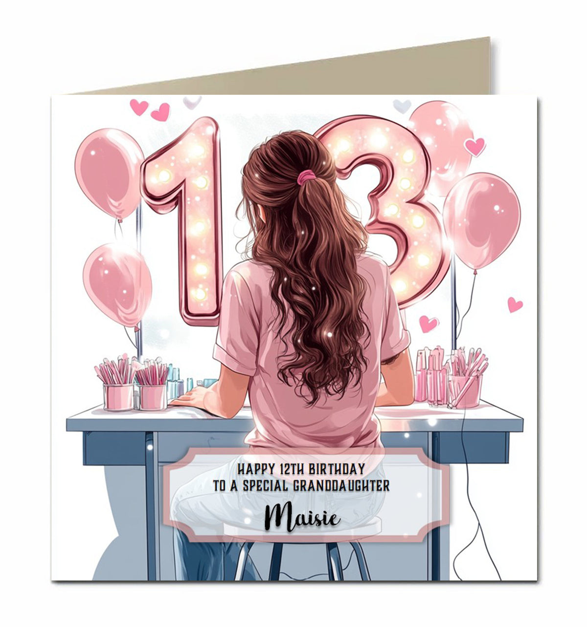 13th Birthday Card Girls, Granddaughter, Daughter, Brown hair, Personalised