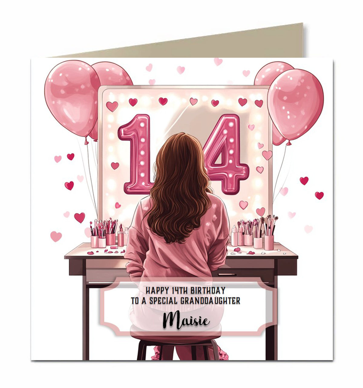 Personalised 14th Birthday Card Girls Granddaughter Niece Daughter Sister Friend Teenager, Dressing Table, Brown Hair
