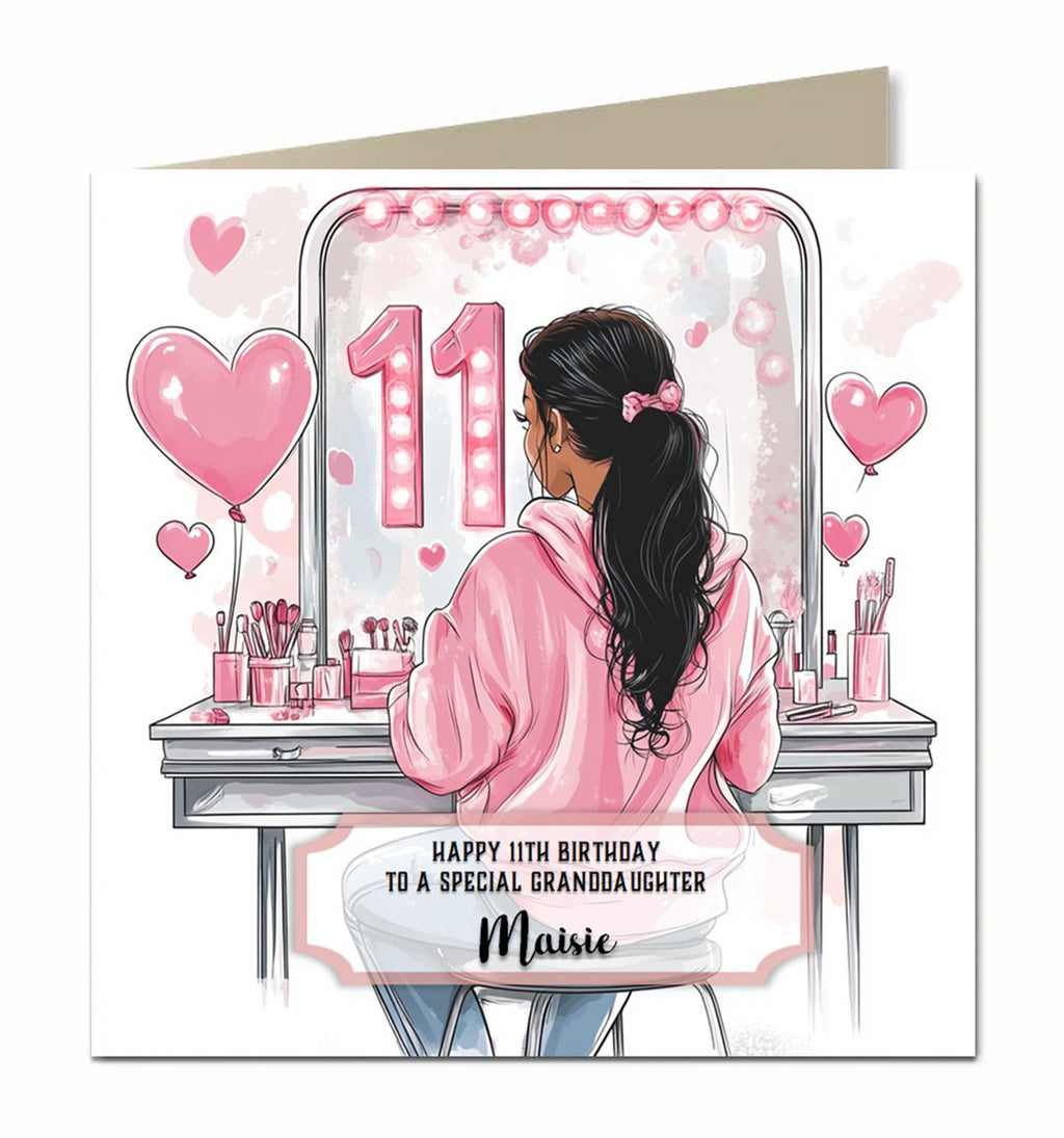 Personalised 11th Birthday Card Girls Granddaughter Niece Daughter Sister Friend Teenager, Dressing Table, Black Hair