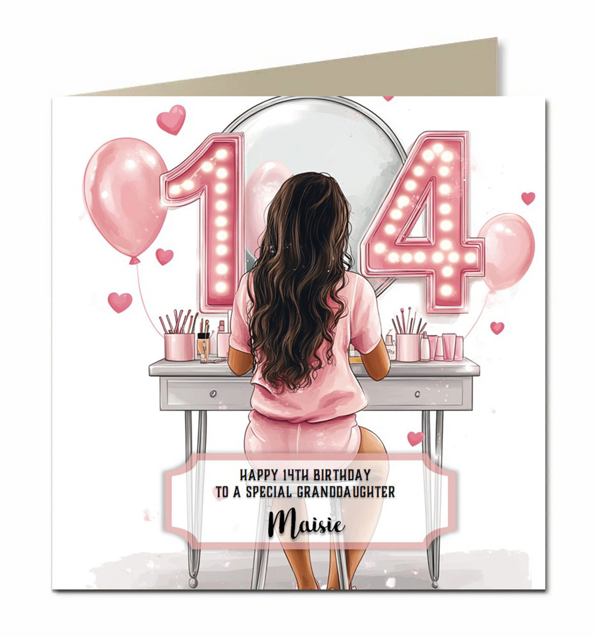 14th Birthday Card Girls, Granddaughter, Daughter, Black hair, Personalised