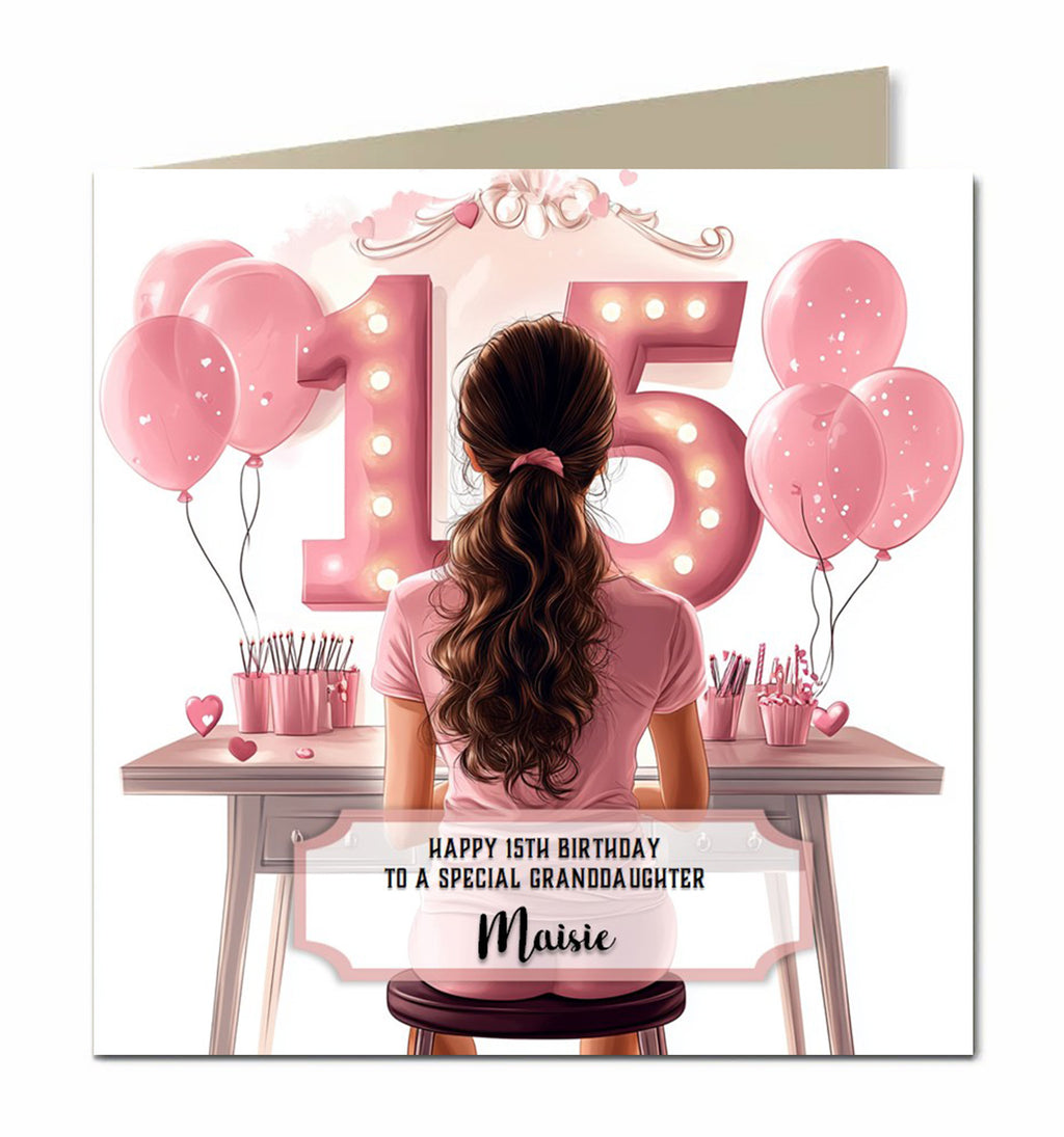 15th Birthday Card for Granddaughter, Niece, Daughter, Sister Friend Dressing Table, Black Hair
