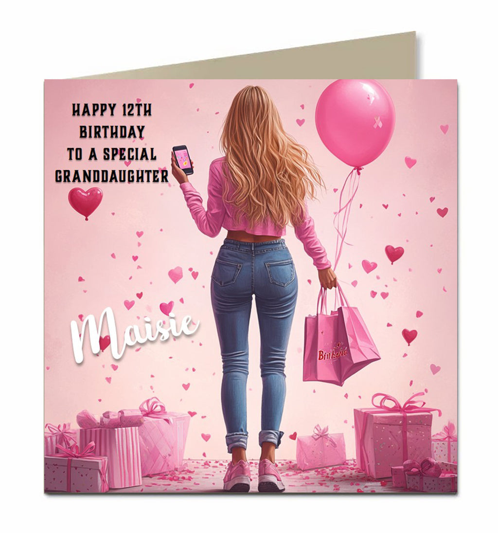 Birthday Card for Granddaughter, Niece, Daughter, Sister, Teenager, Blonde Hair, Shopping, 13th 14th 15th 16th 17th, Personalised Any name, Any Age, Any Relation