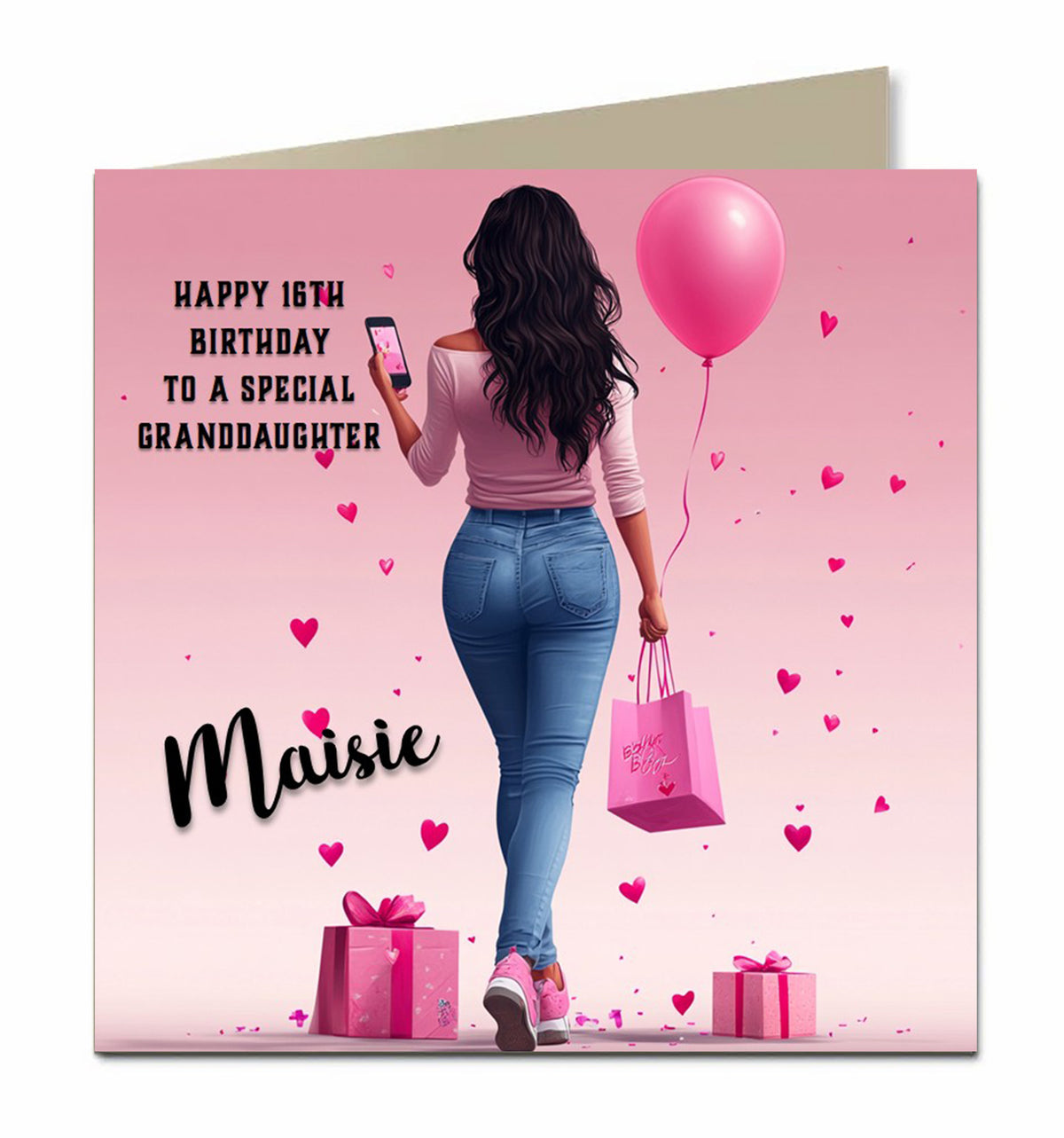 Birthday Card for Granddaughter, Niece, Daughter, Sister, Teenager, Brown Hair, Shopping, 13th 14th 15th 16th 17th, Personalised Any name, Any Age, Any Relation