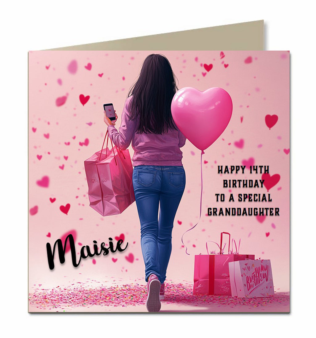 Birthday Card for Granddaughter, Niece, Daughter, Sister, Teenager, Brown Hair, Shopping, 13th 14th 15th 16th 17th, Personalised Any name, Any Age, Any Relation