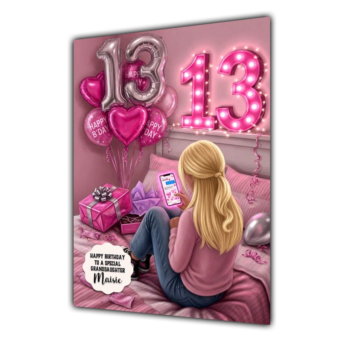 13th Birthday Card Texting Girl Granddaughter Daughter Niece Large A5 Size