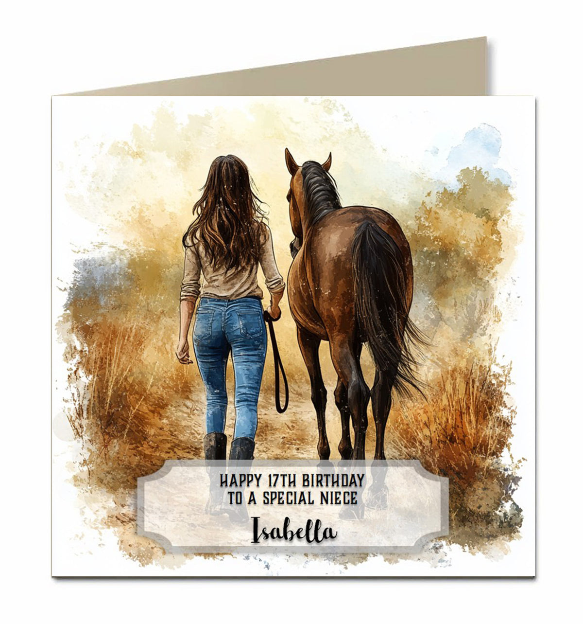 Birthday Card Girls, Granddaughter, Niece, Brown Hair, Horse Personalised
