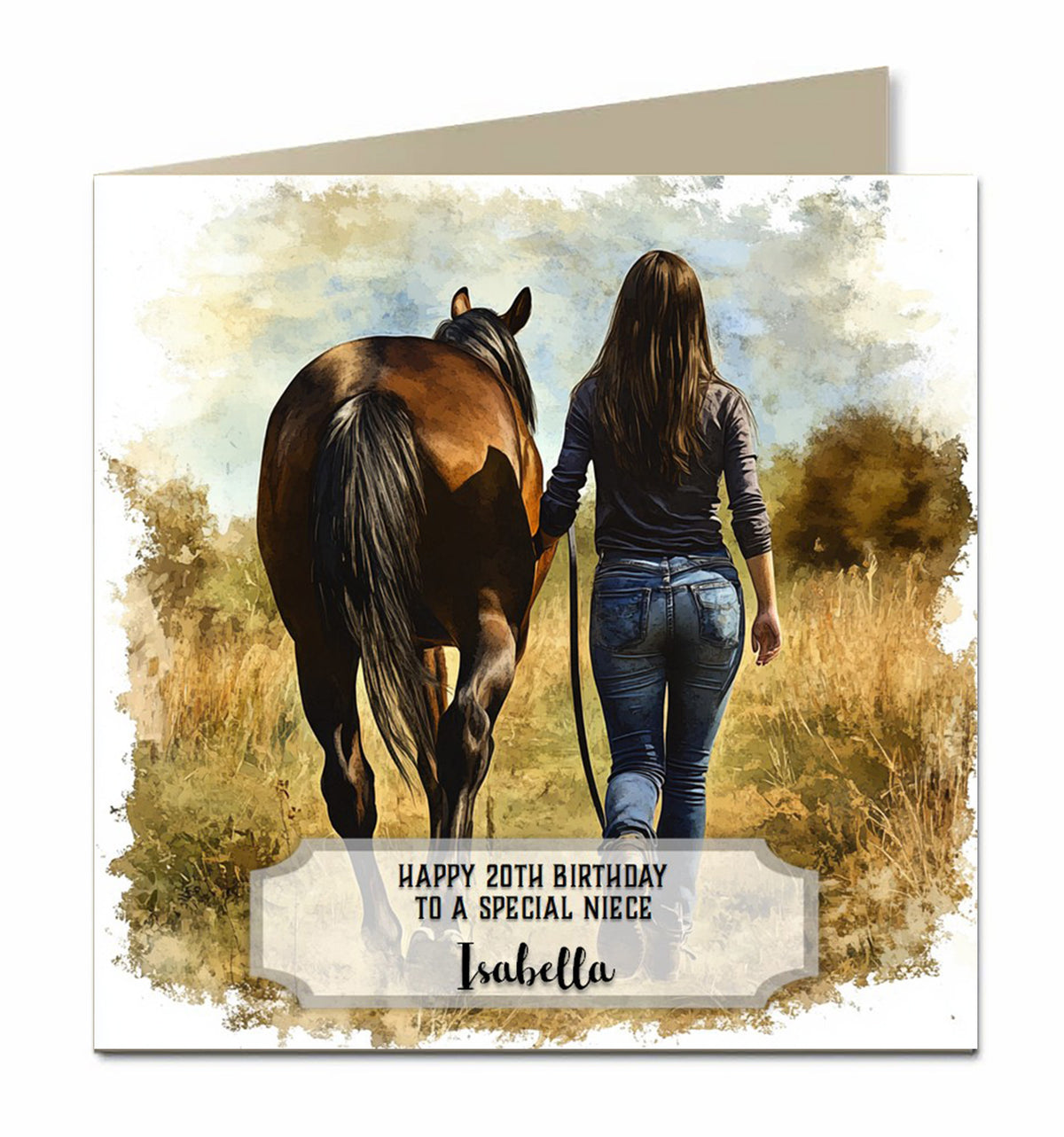 Birthday Card Girls, Sister, Daughter, Niece, Brown Hair, Horse Personalised