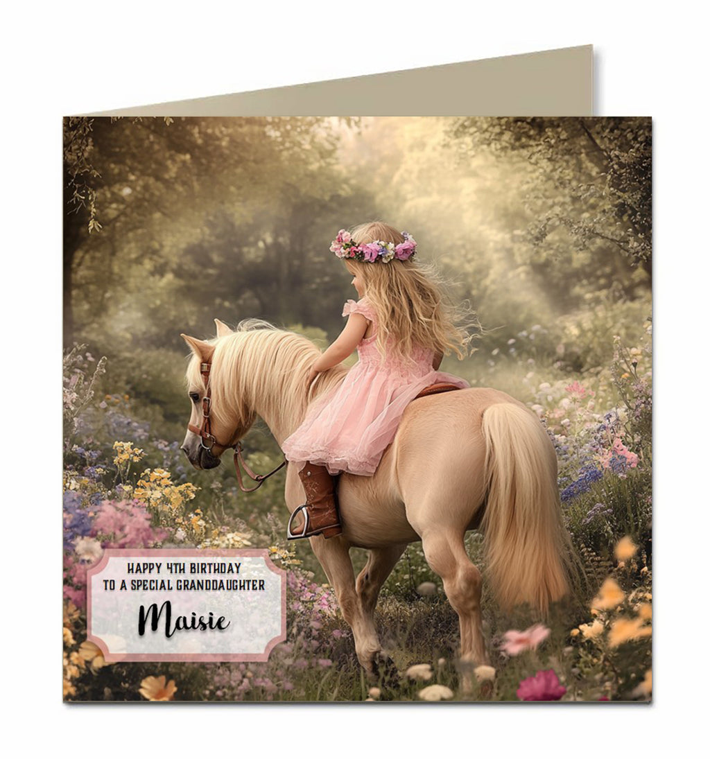 Personalised Birthday Card for Little Girls, Granddaughter, Niece, Sister, Daughter, Goddaughter Princess on her Horse, Unicorn, Any Name, Any Relation, Any Age