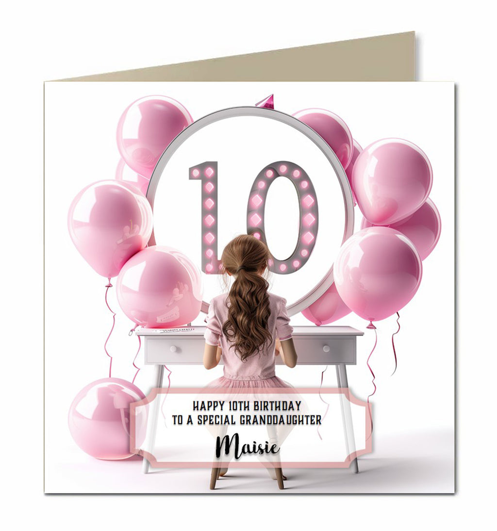 10th Birthday Card Girls, Granddaughter, Daughter, Brown hair Personalised