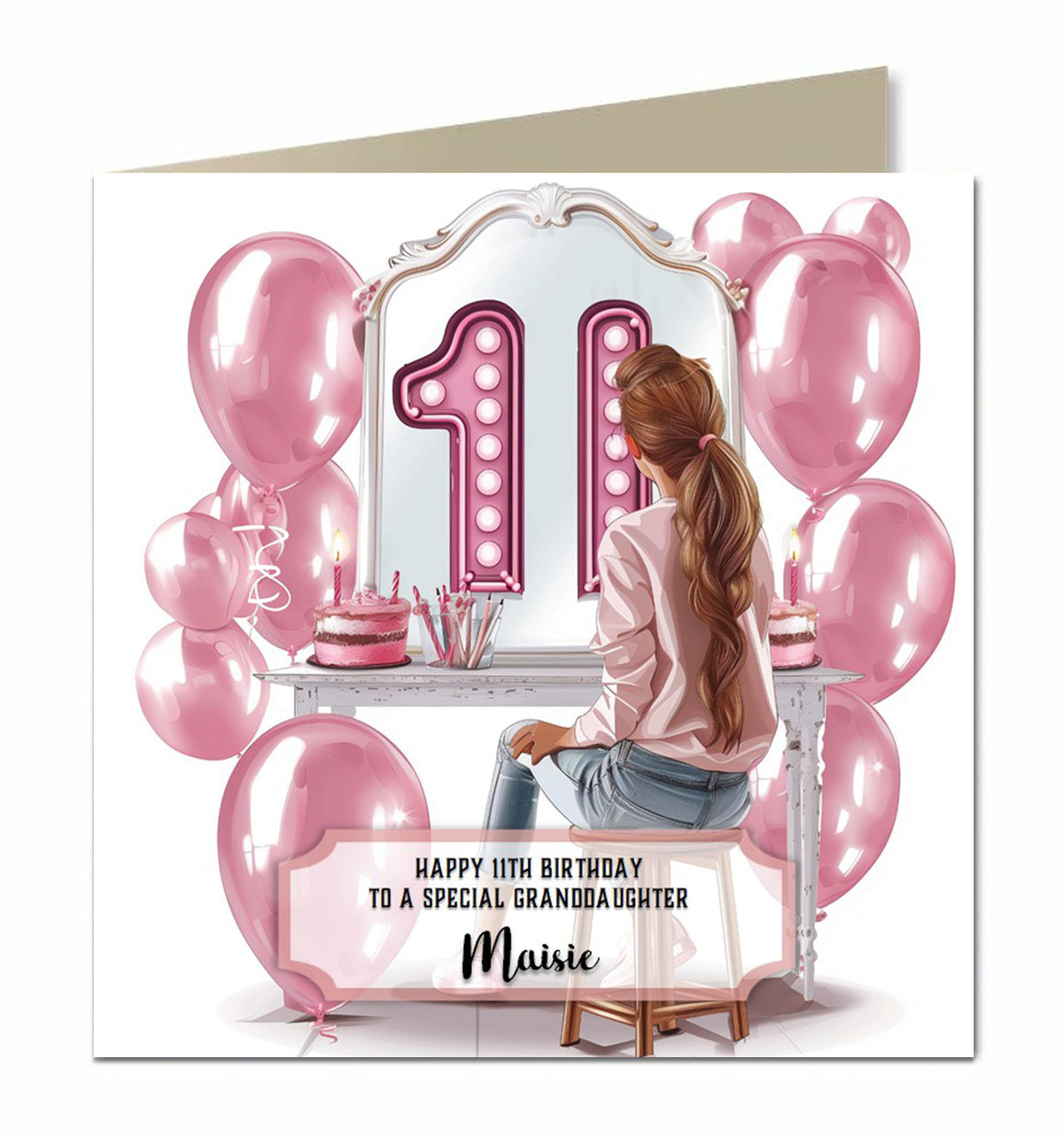 11th Birthday Card Girls, Granddaughter, Daughter, Brown hair Personalised