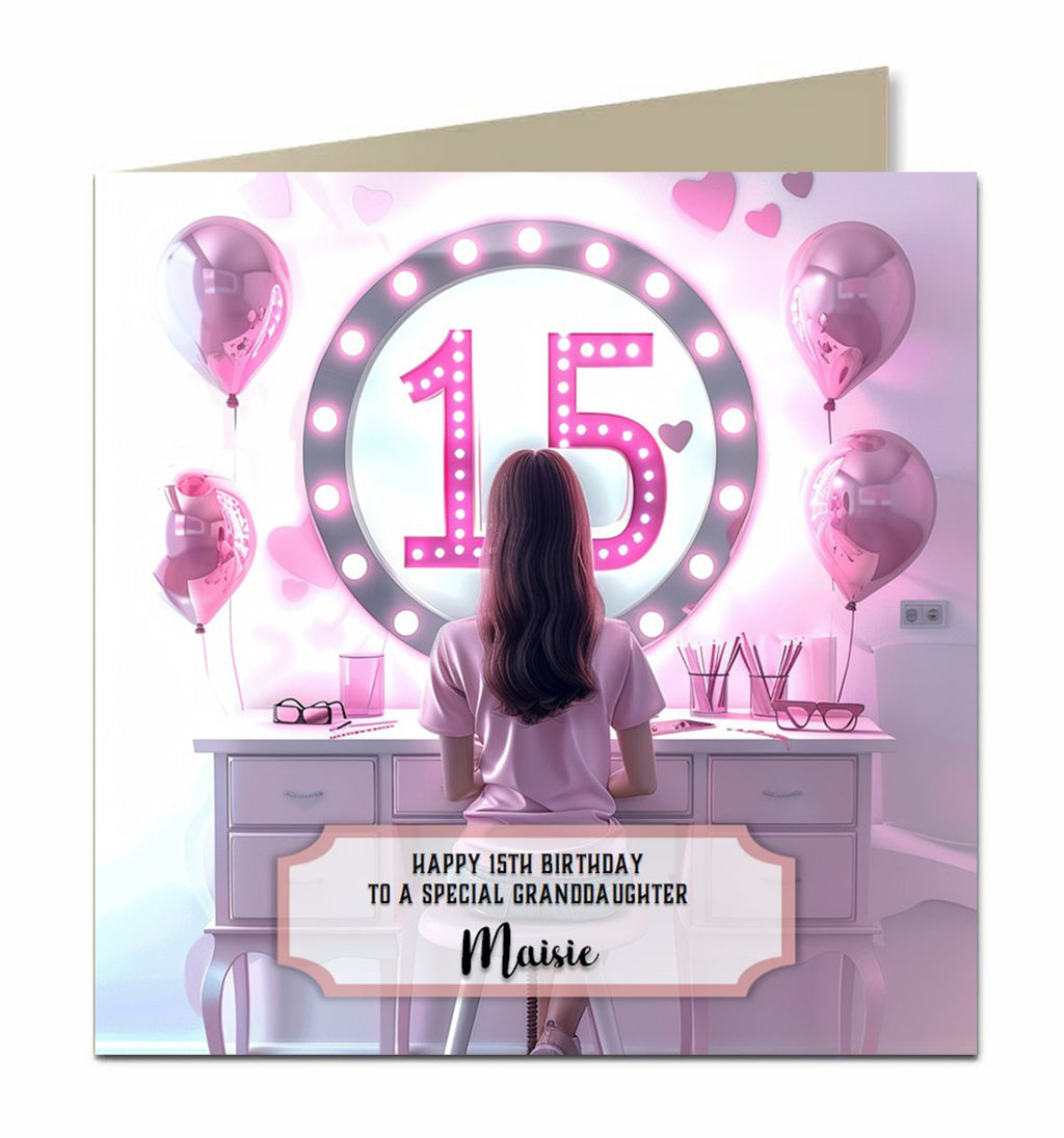 15th Birthday Card for Granddaughter, Niece, Daughter, Sister Friend Dressing Table, Brown Hair