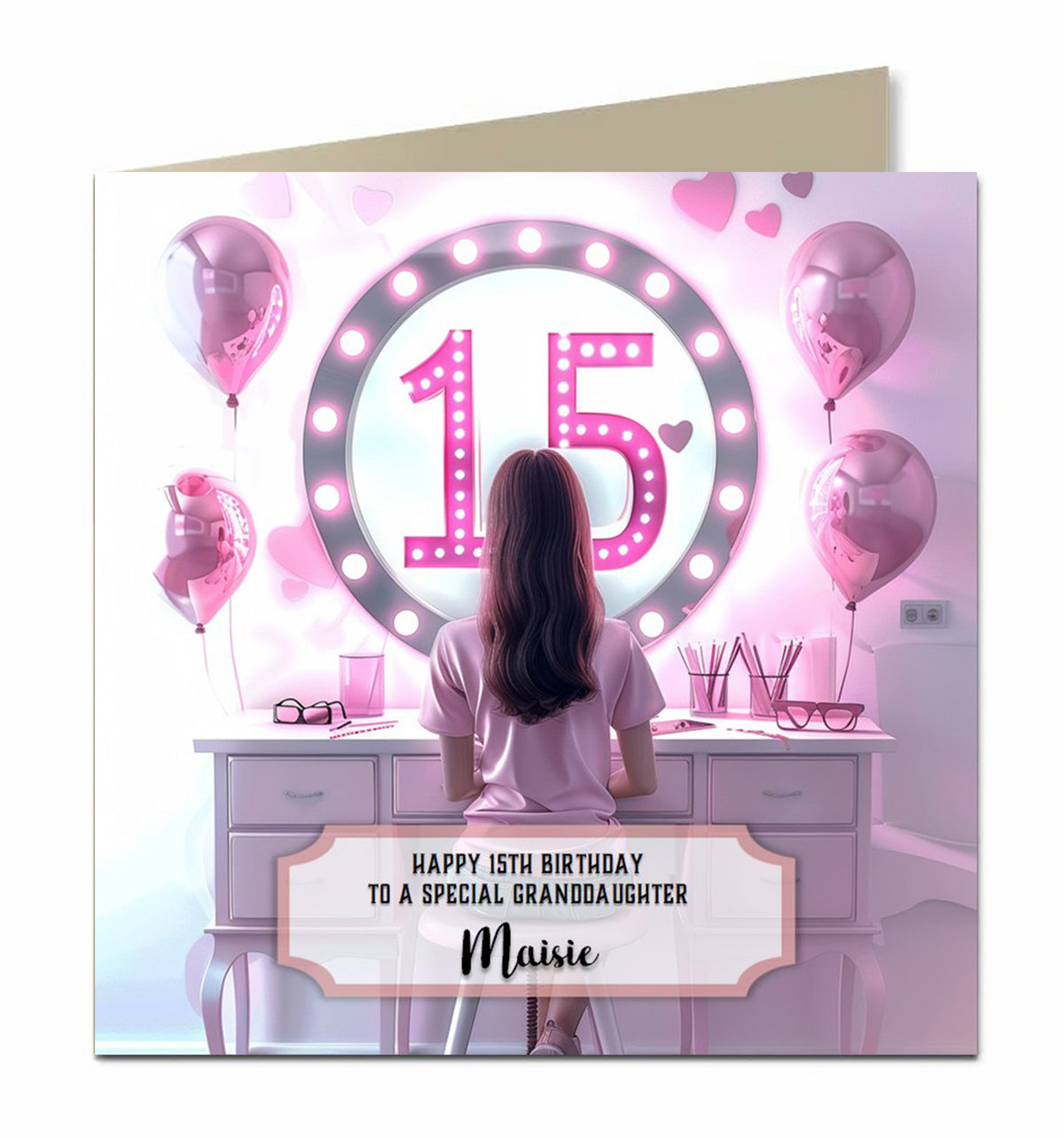 15th Birthday Card for Granddaughter, Niece, Daughter, Sister Friend Dressing Table, Brown Hair