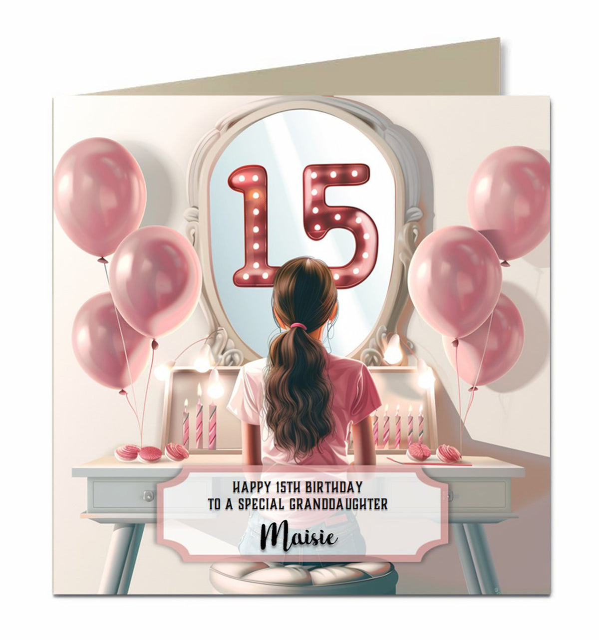 15th Birthday Card for Granddaughter, Niece, Daughter, Sister Friend Dressing Table, Brown Hair