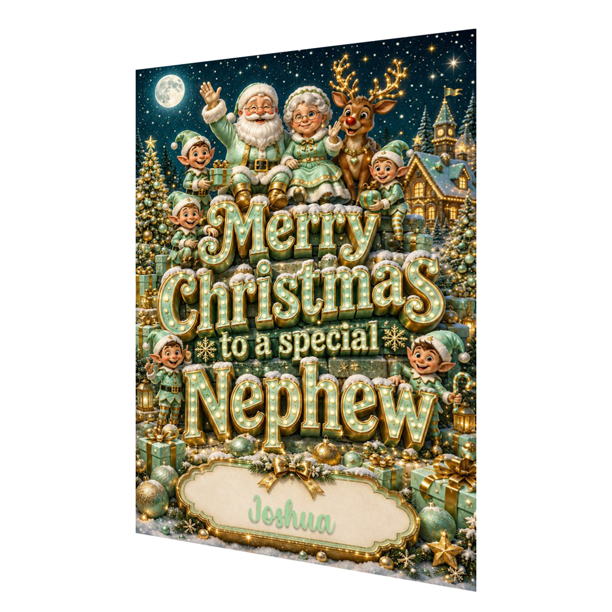Personalised Christmas Card - Santa, Mrs Claus and Elves in Green