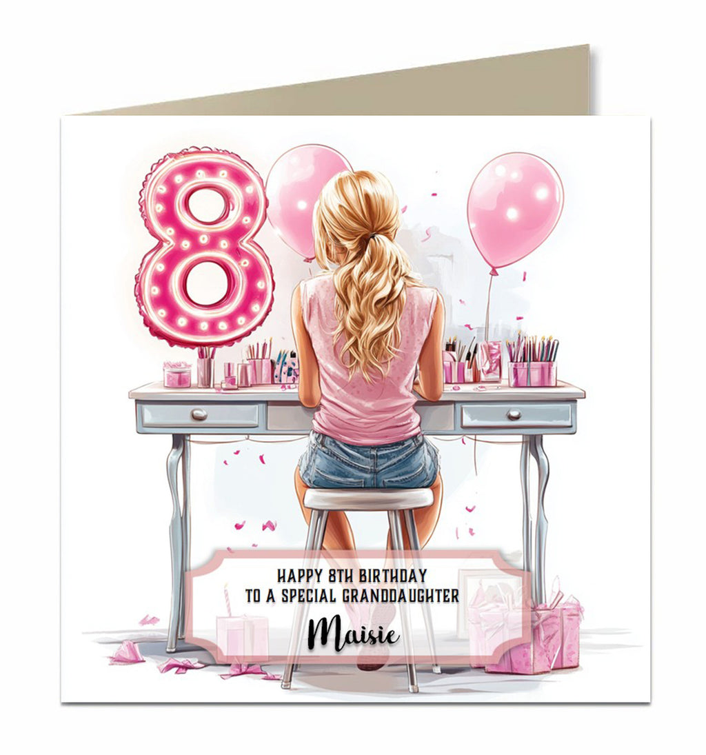 8th Birthday Card for Granddaughter, Niece, Daughter, Sister Friend Dressing Table, Blonde Hair