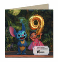Personalised 9th Birthday Card - Girl and Blue Cartoon Creature with Number Balloon
