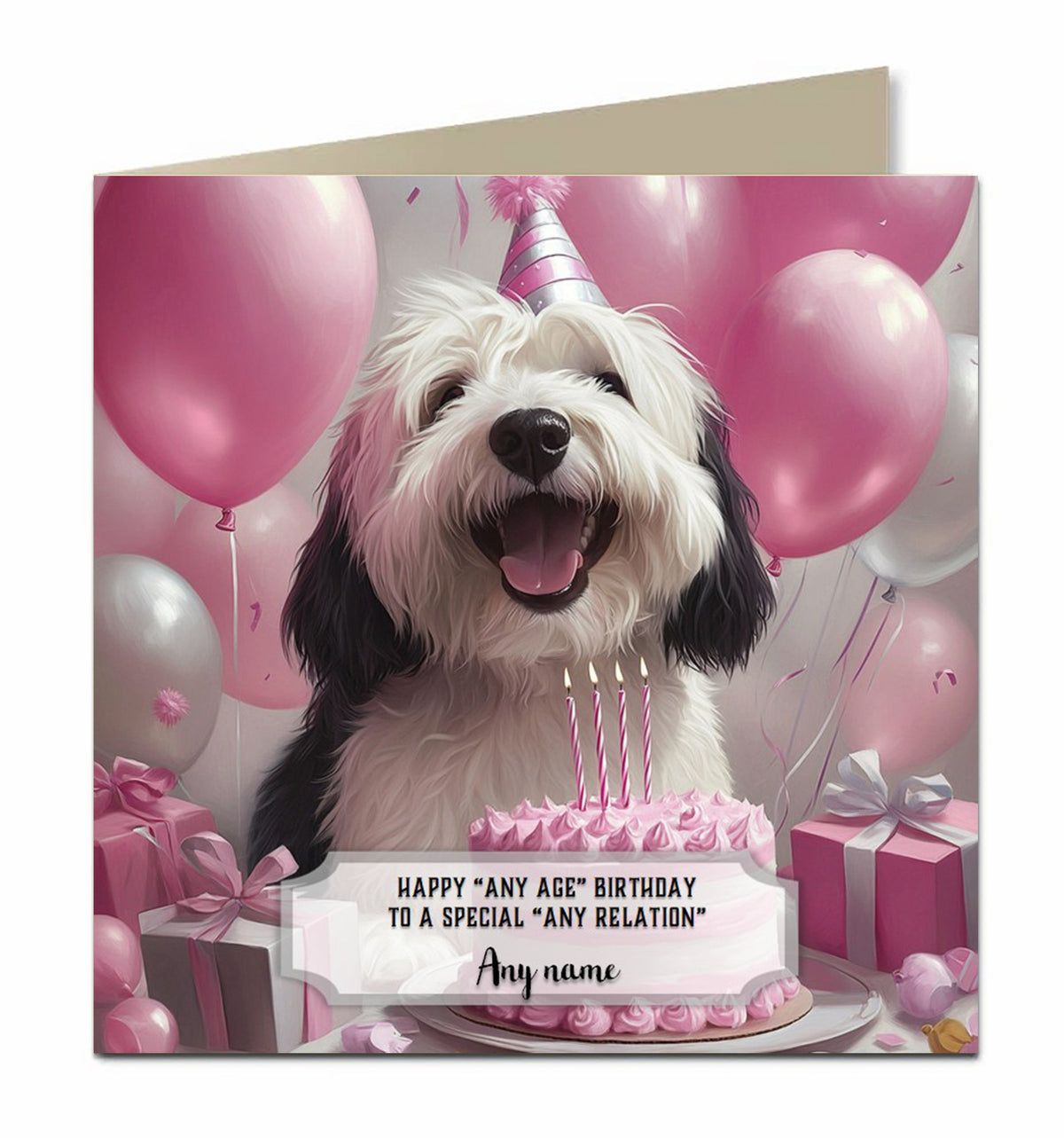 Personalised Birthday Card for Girls, Women, Dogs Old English Sheepdog